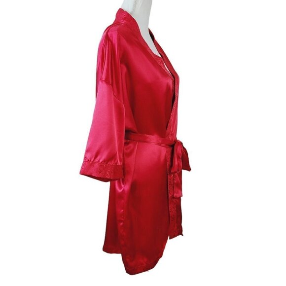 Sopre Lingerie Satin Robe Red Shiny Satin Floral Tonal Trim Sz Small Tie Waist - Picture 4 of 7